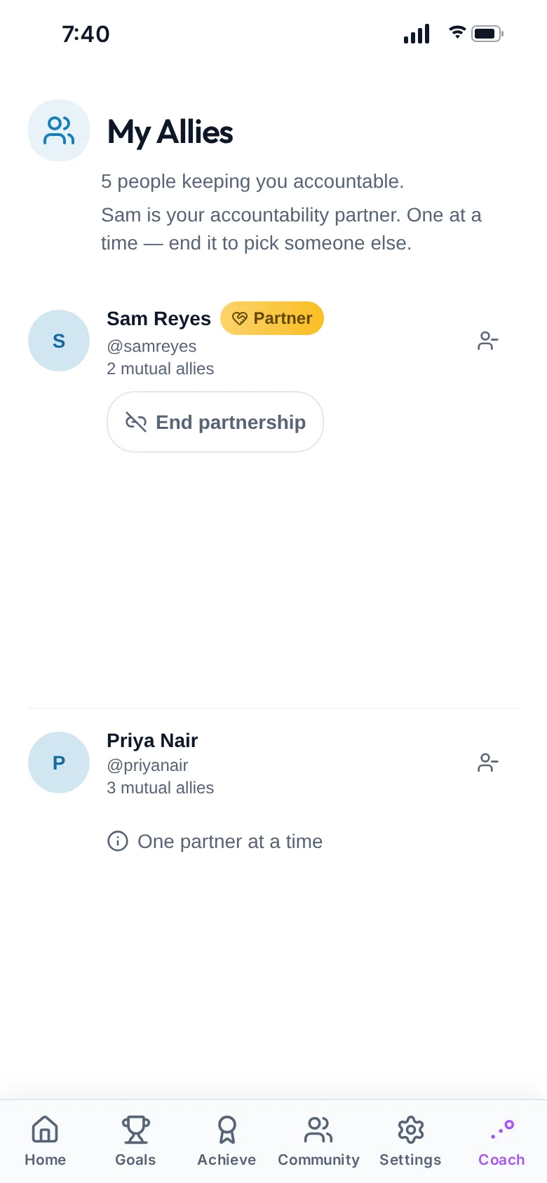 My Allies: five people keeping you accountable, with Sam Reyes as accountability partner.