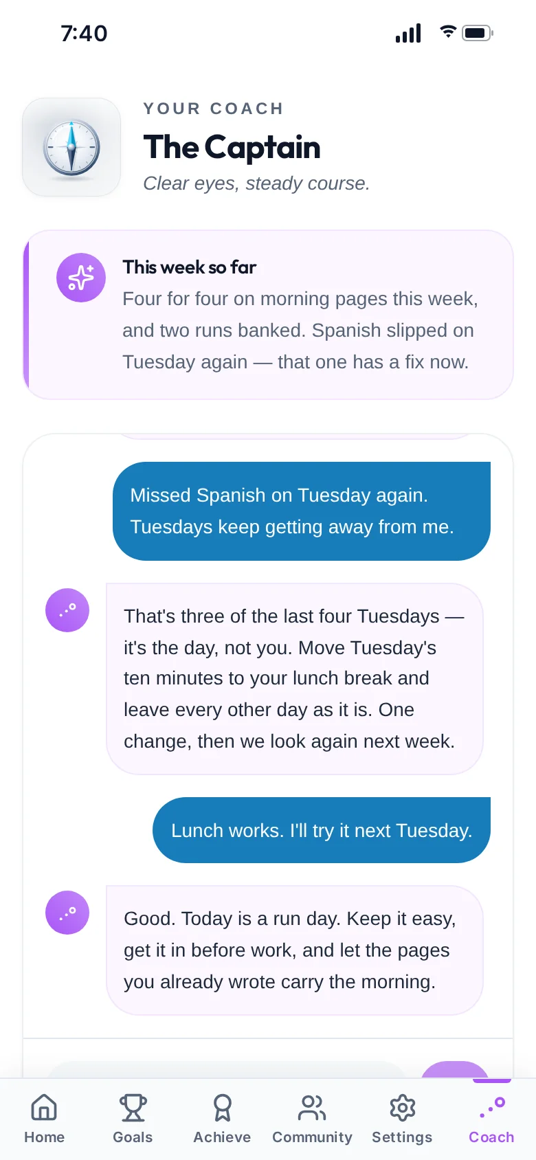 Coach, in the Captain's voice, suggesting one small schedule change after a user misses Spanish practice on Tuesdays.