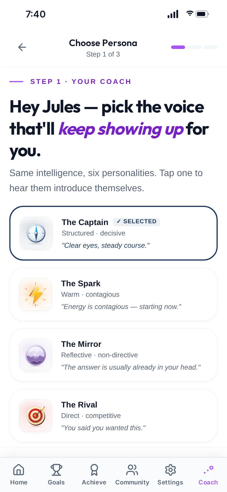 Choosing a Coach persona: The Captain is selected, with The Spark, The Mirror and The Rival below.