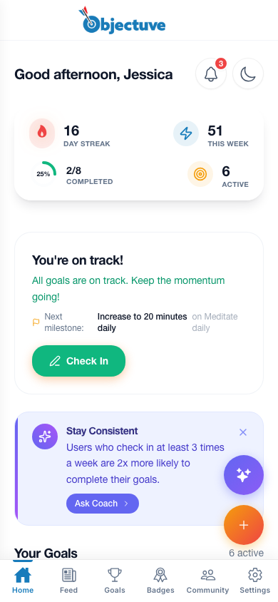 Objectuve dashboard showing streaks, XP, and active goals