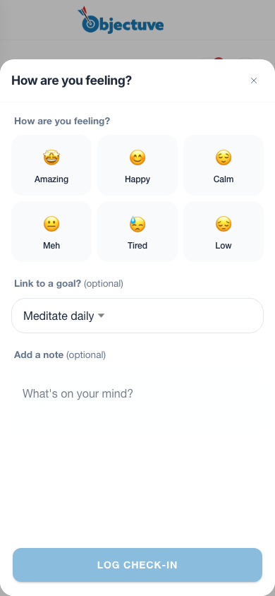 Mood check-in with 6 emoji states
